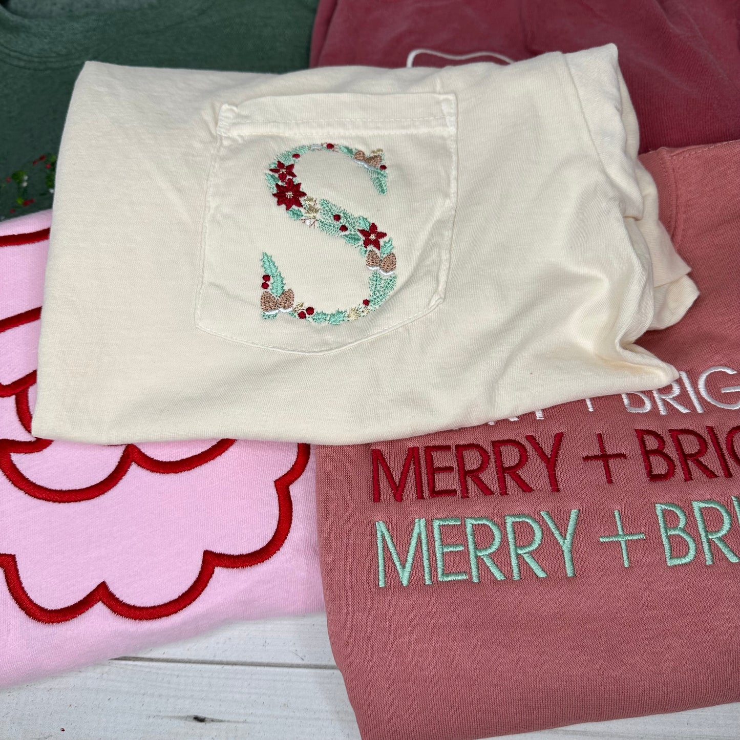 Monogram Christmas Floral Embroidered Pocket Tee