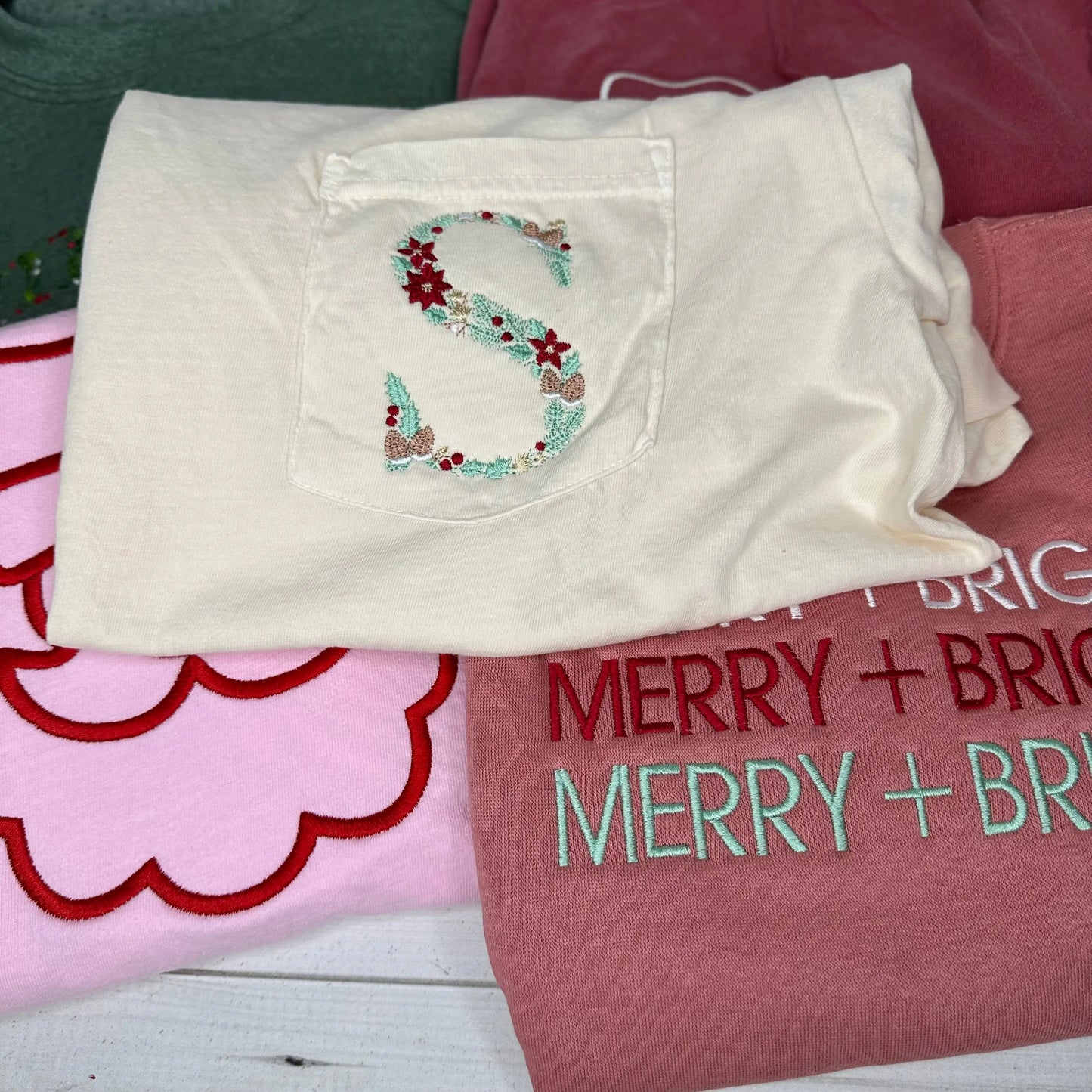 Monogram Christmas Floral Embroidered Pocket Tee