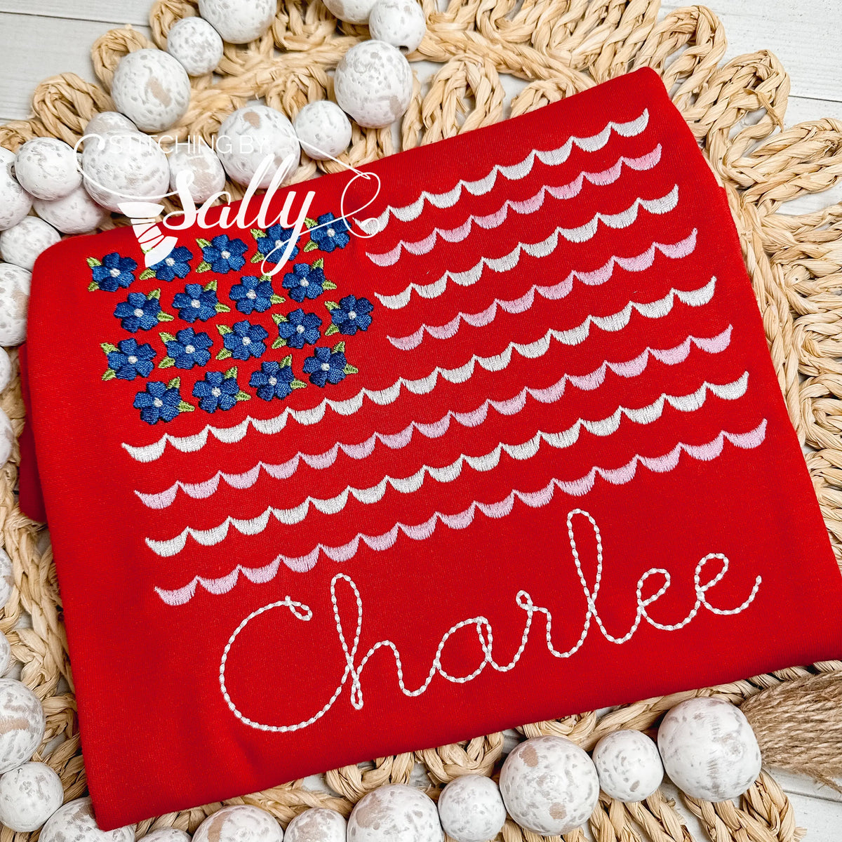 Cute embroidered flag shirt for girls – scalloped stripes and rose star design