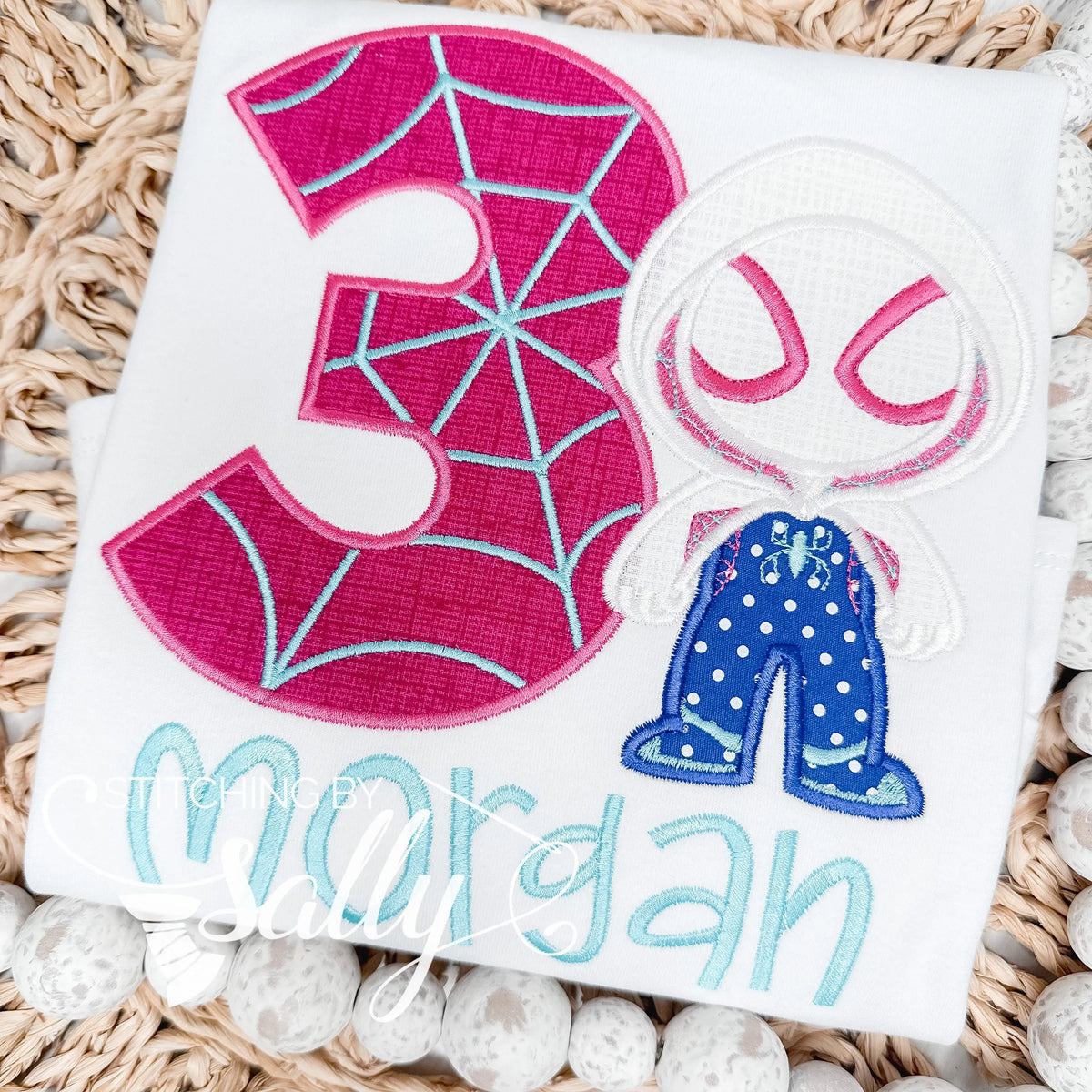 Ghost Spider Applique Birthday Shirt, Pink spider