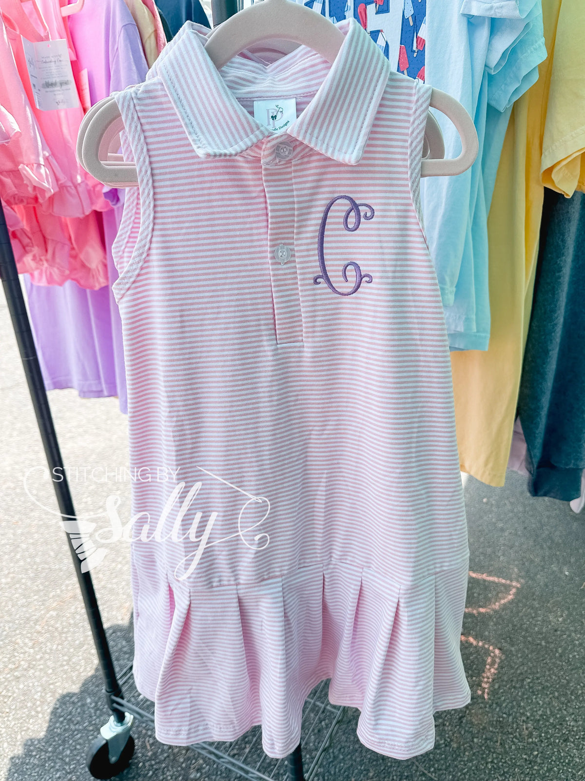 Monogrammed Pink Stripe Tennis Dress for Little Girls – Sleeveless, Button-Up Collar