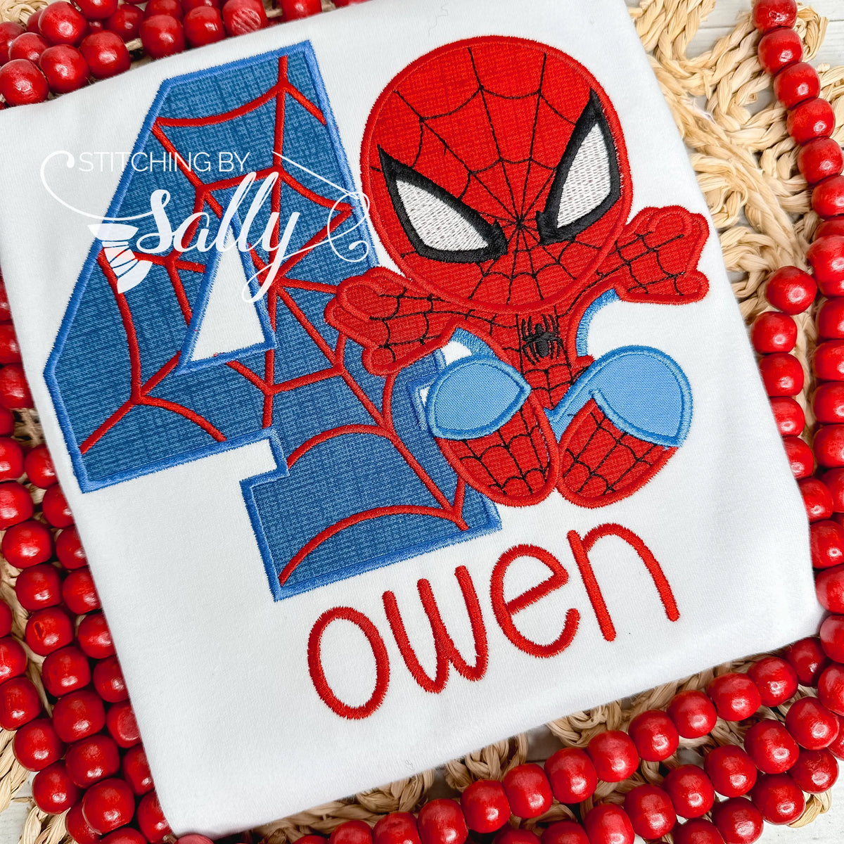 Red and Blue spider man applique birthday shirt