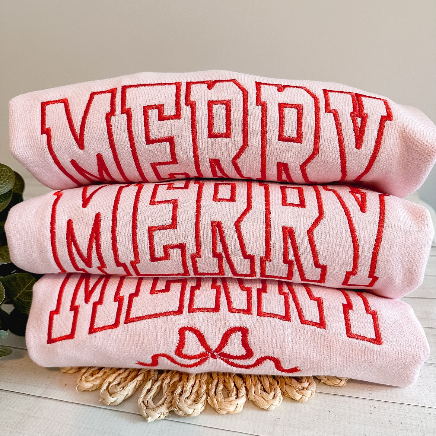 Merry Embroidered Varsity Crewneck Sweatshirt with Bow