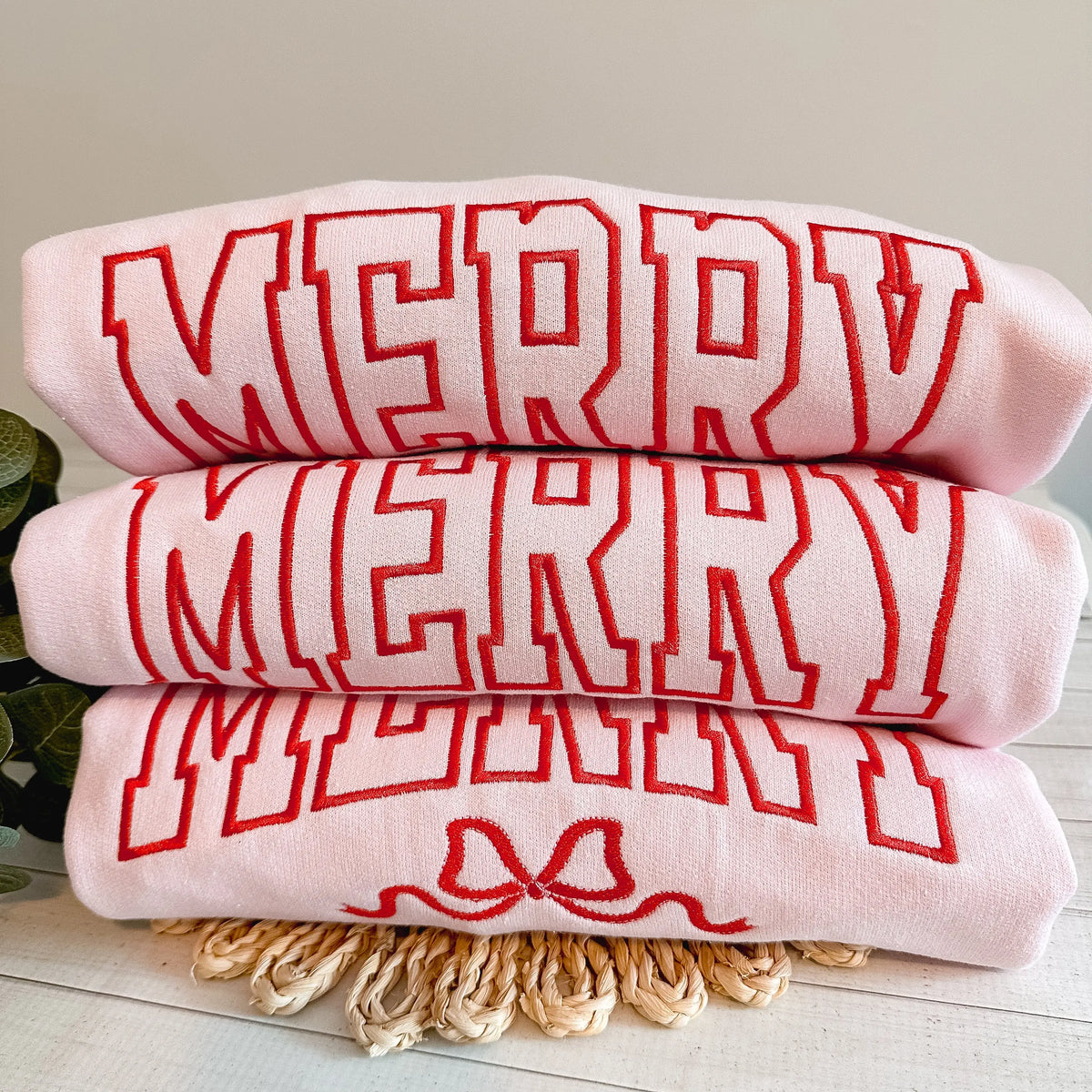 Merry Embroidered Varsity Crewneck Sweatshirt with Bow