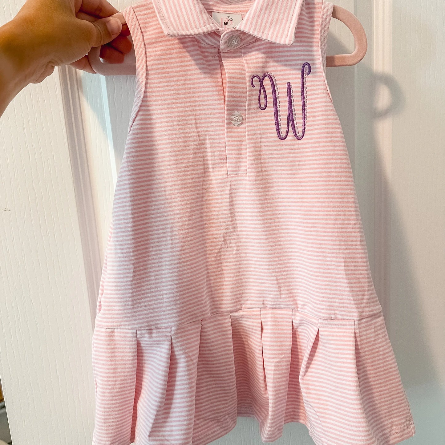 Monogrammed Pink Stripe Tennis Dress for Little Girls – Sleeveless, Button-Up Collar