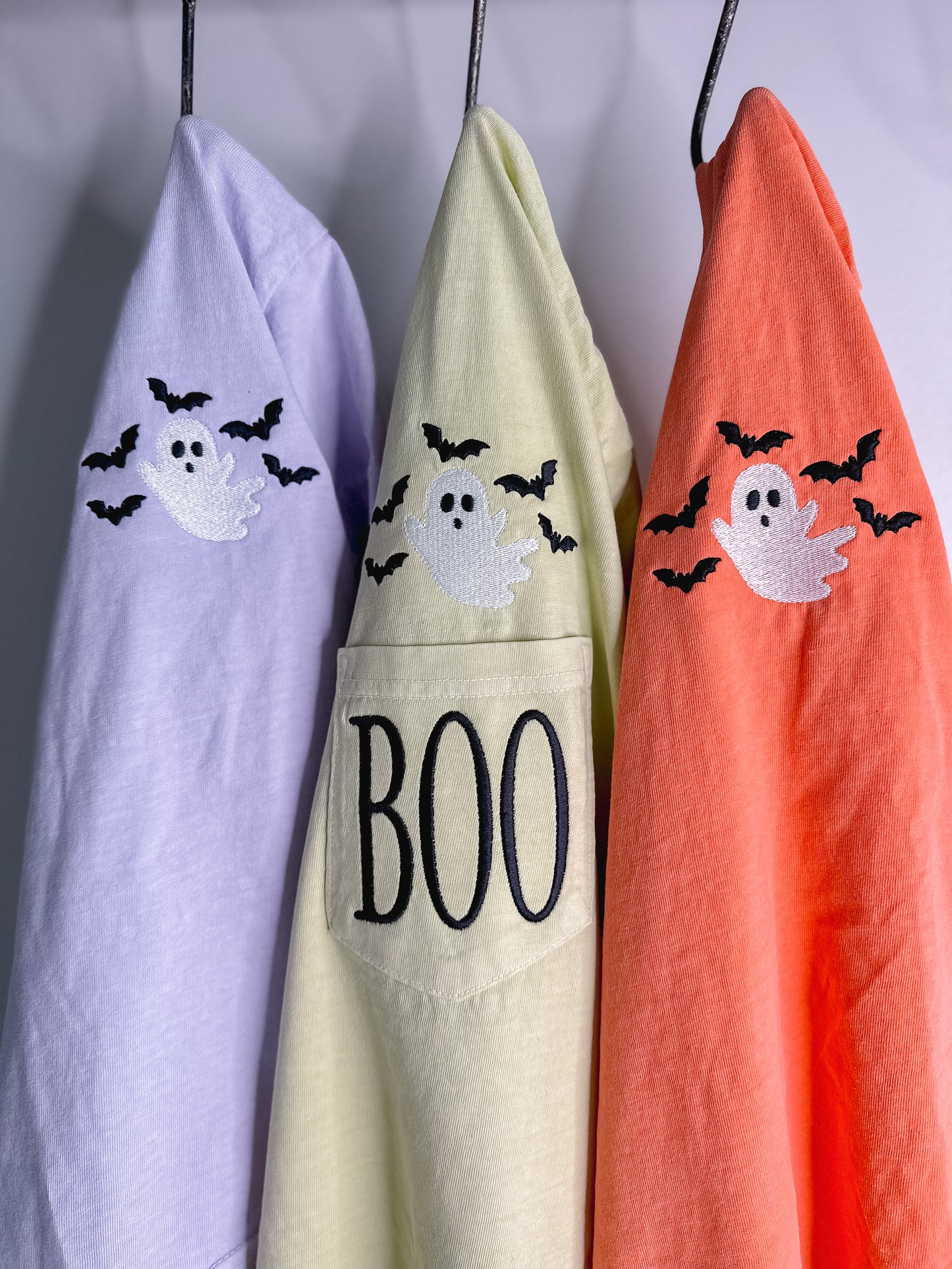 BOO Embroidered Pocket Tee – Embroidered Ghost with Bats