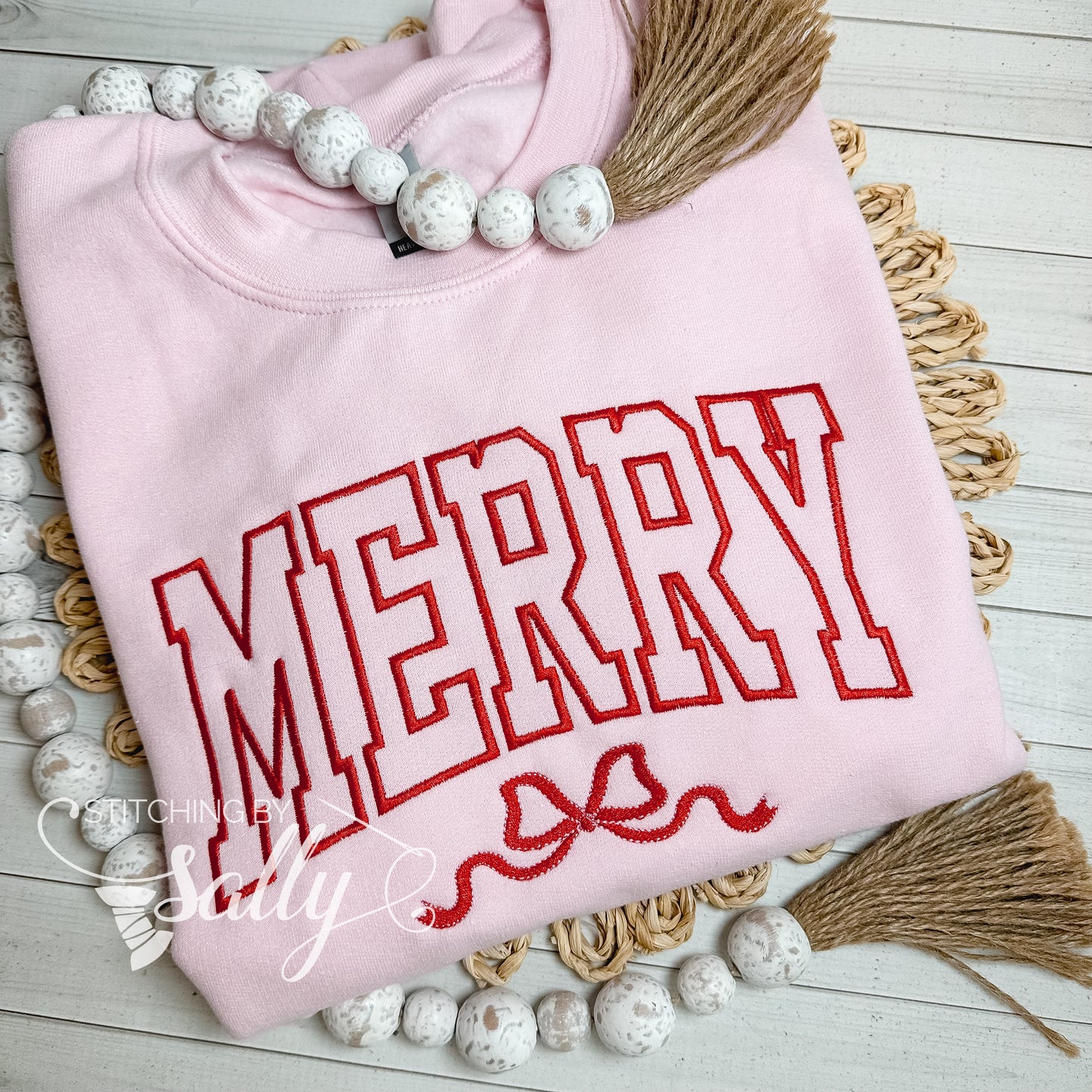 Merry Embroidered Varsity Crewneck Sweatshirt with Bow