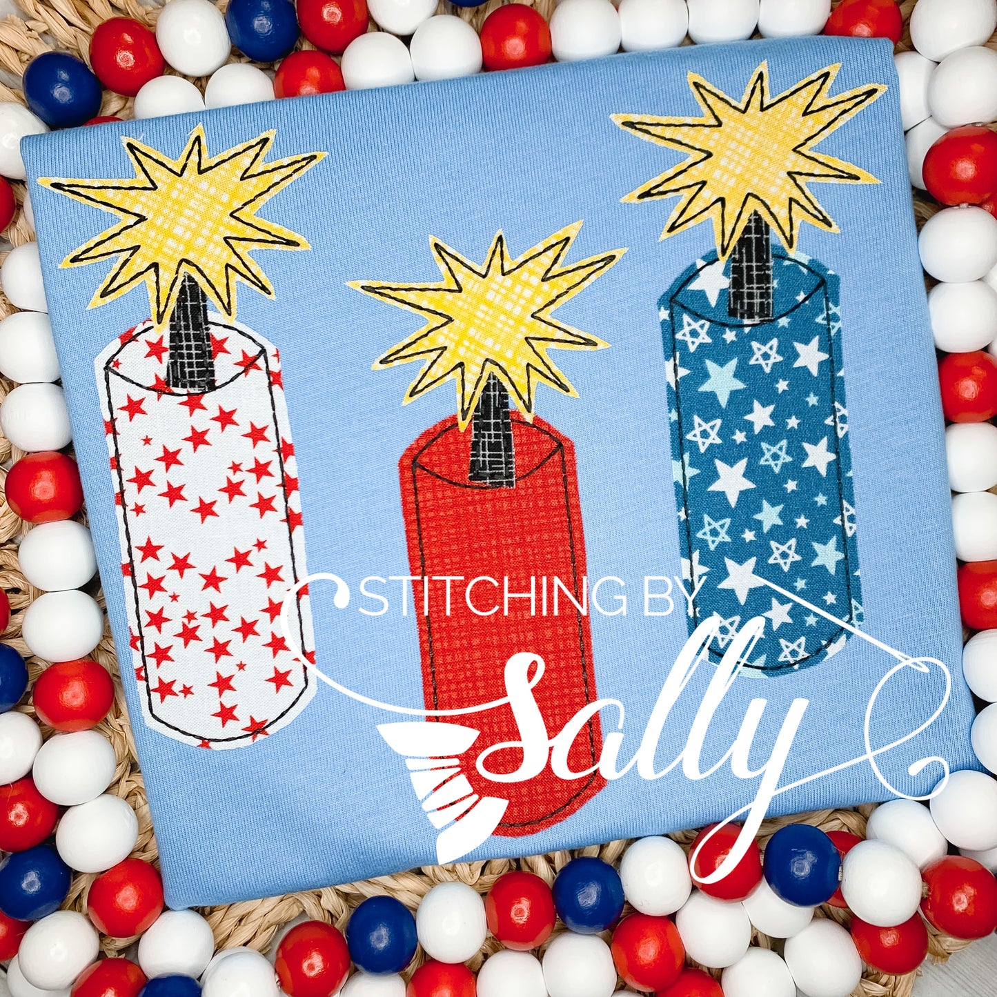 Custom boys' fireworks appliqué shirt in red, white, and blue, perfect for 4th of July celebrations