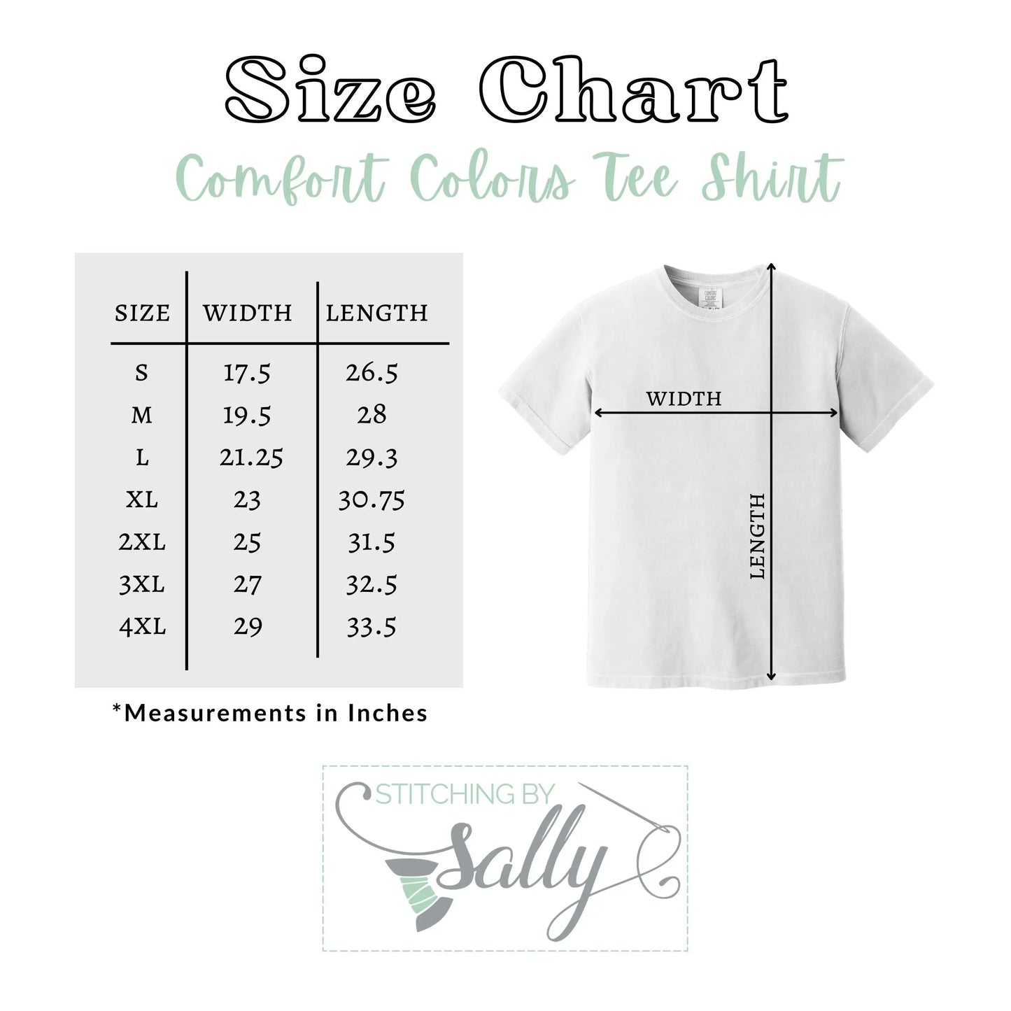 Comfort Colors tee size chart