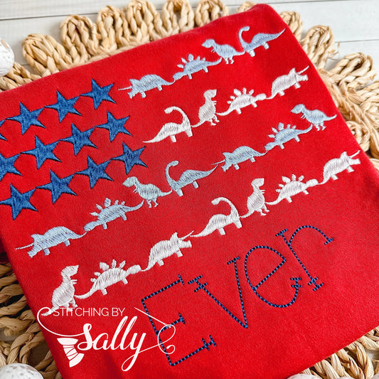 Dinosaur Striped Flag Embroidered Shirt, Fourth of July Shirt for kids