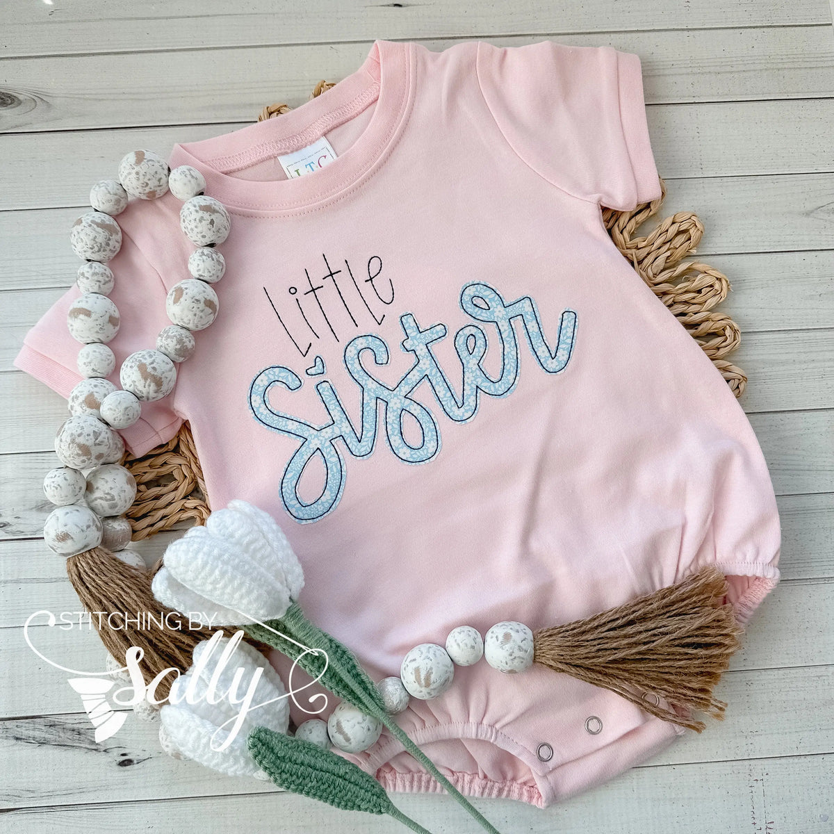 Little Sister Appliqué Bubble – Pink with Blue Floral Appliqué | Baby Girl Outfit