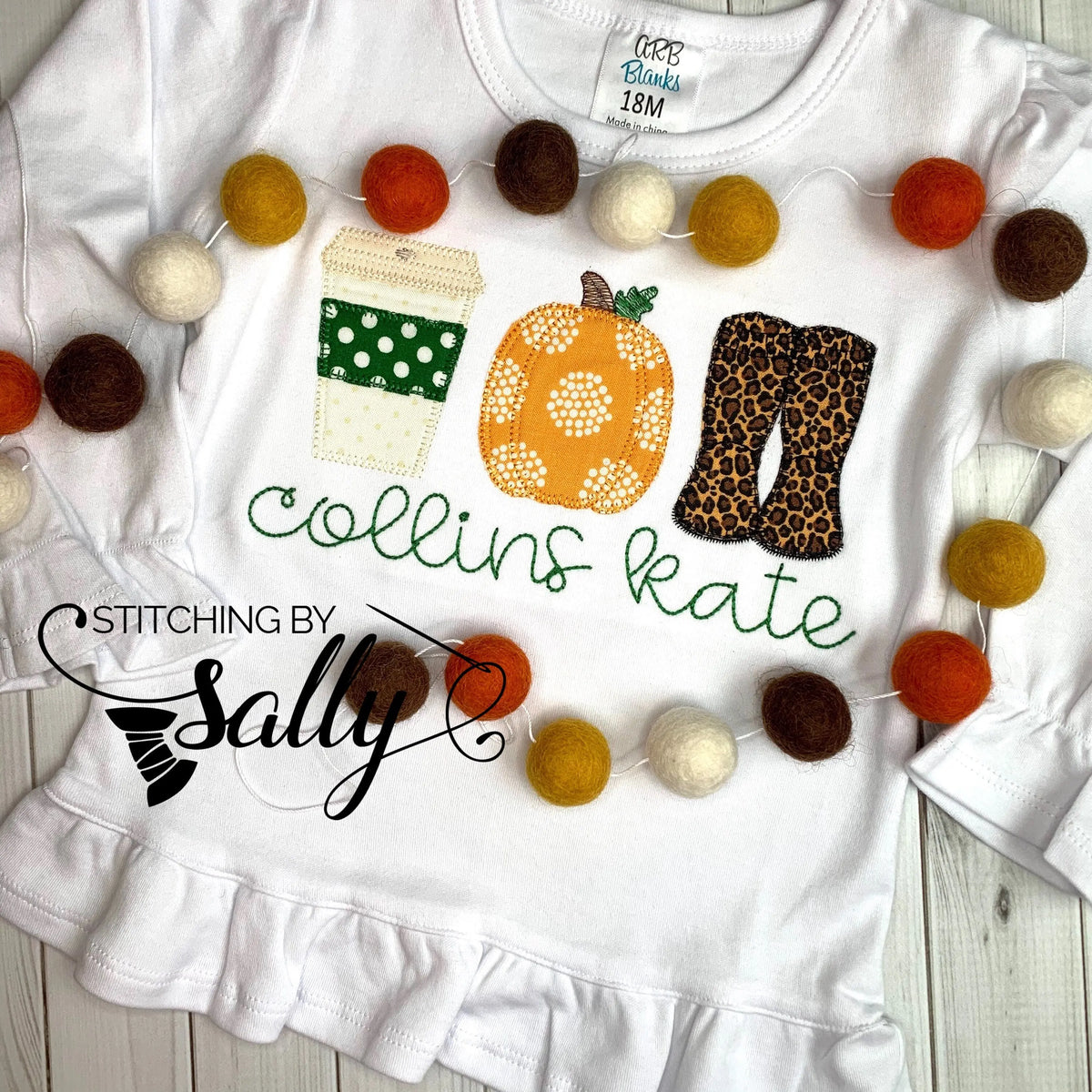 Girls personalized fall shirt with seasonal appliqué trio design