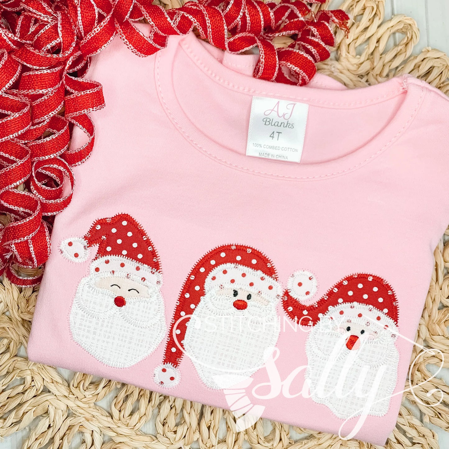 Pink santa trio applique Hirt, red polka dot fabric for hats