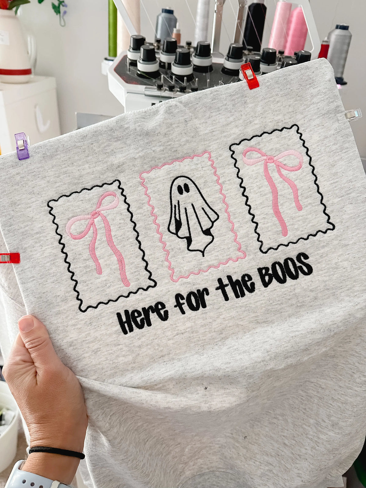 Here for the Boos embroidered sweatshirt with pink bows and ghost design