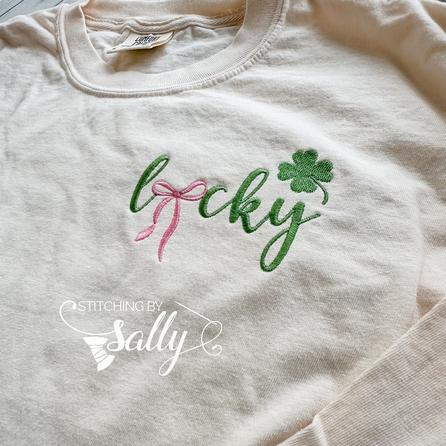 Embroidered St Patrick Day Shirt, Lucky Clover Shirt, Coquette Bow Embroidery