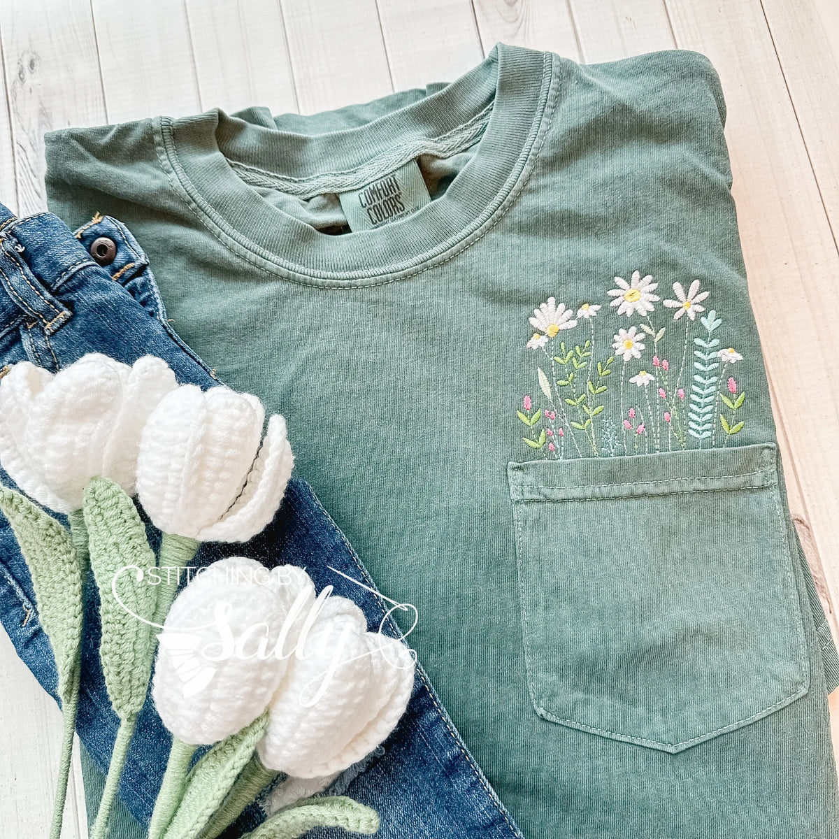Wildflower Embroidered Comfort Colors Pocket T-Shirt, Embroidered Flower Shirt