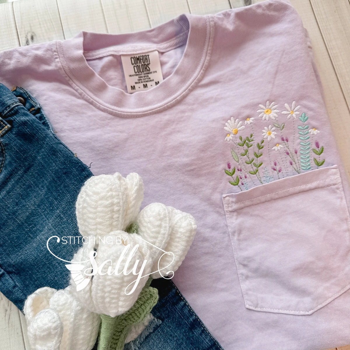 Wildflower Embroidered Comfort Colors Pocket T-Shirt, Embroidered Flower Shirt
