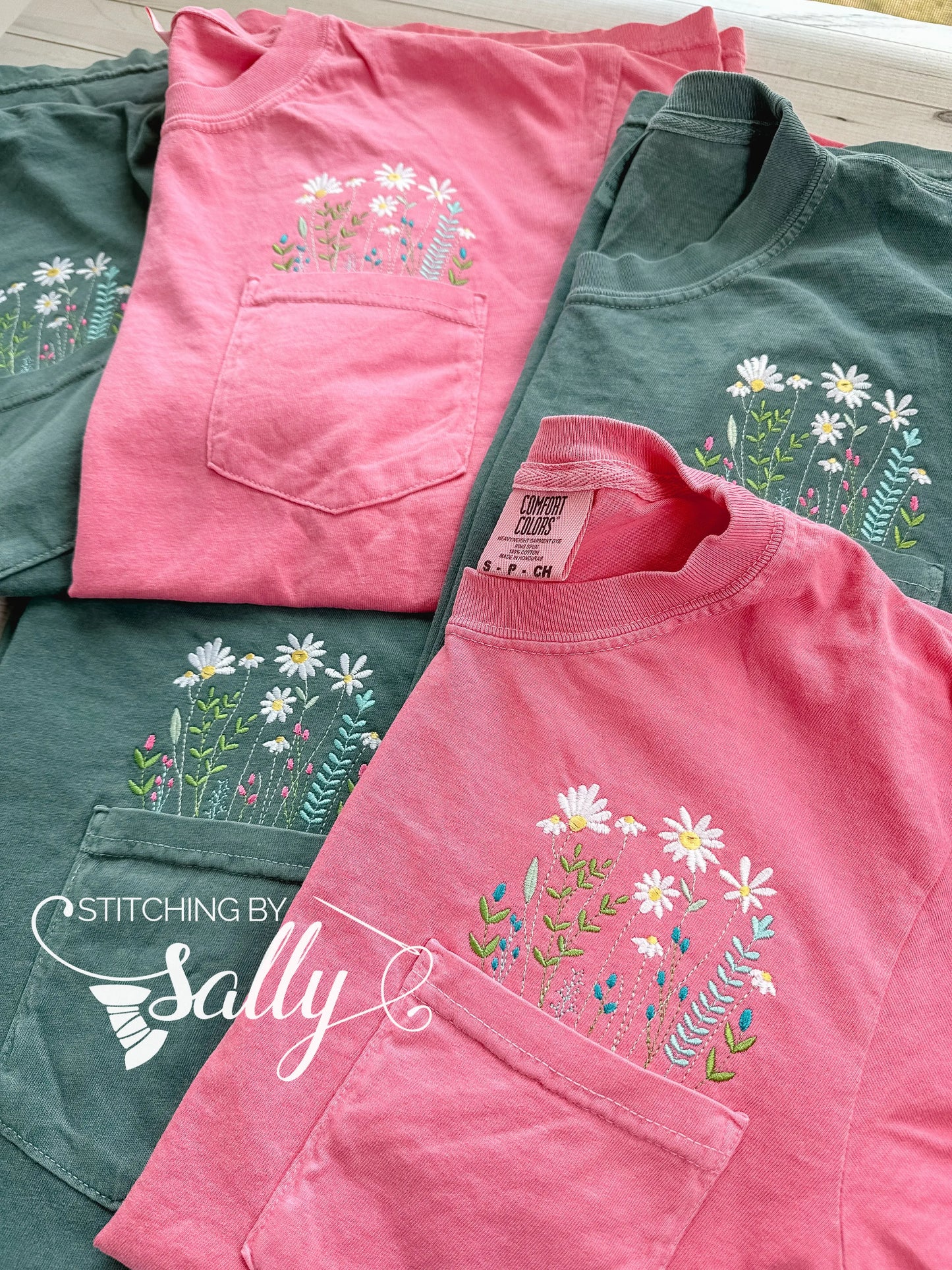 Comfort Color pocket tees with wildflower embroidery