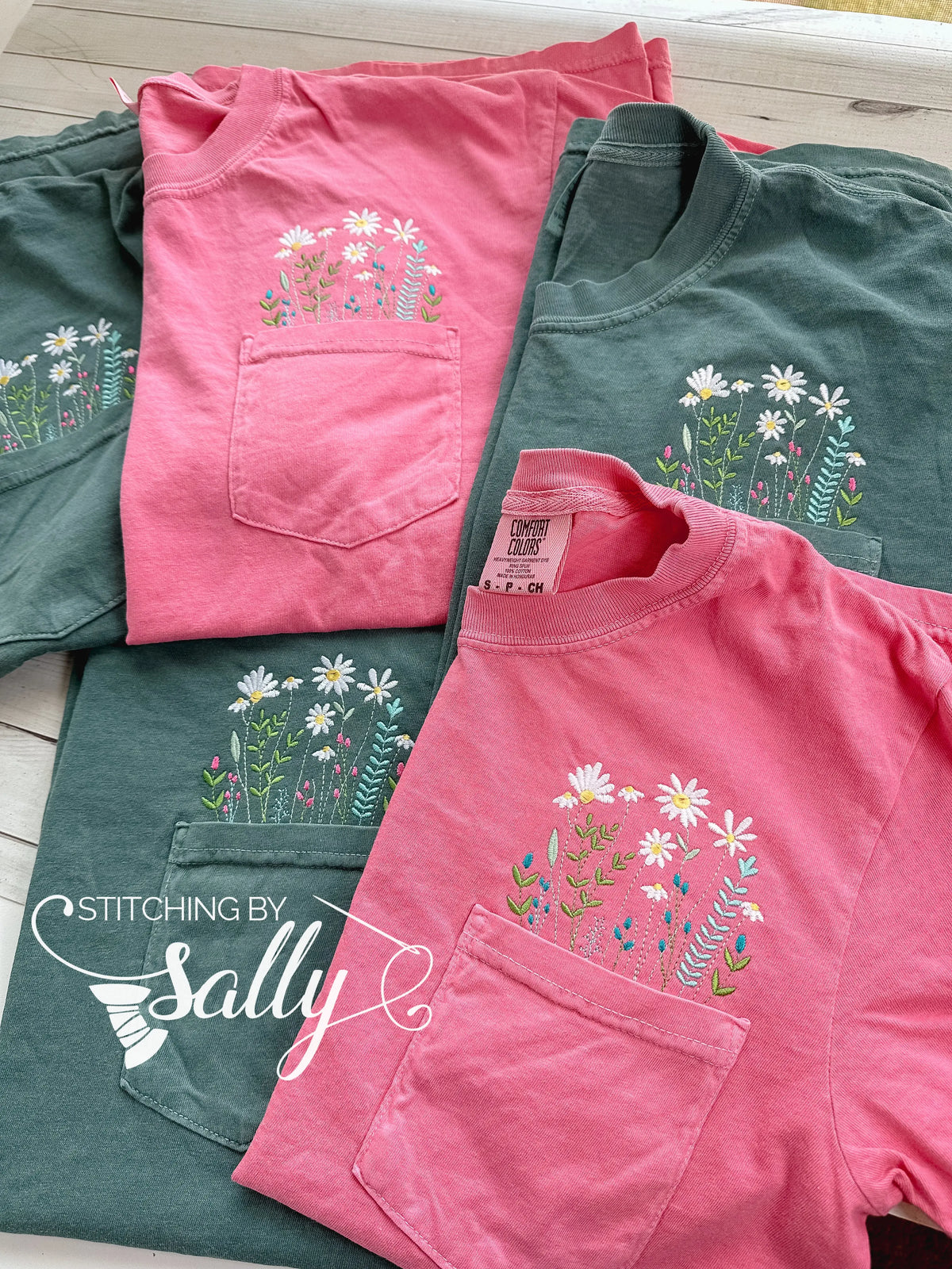 Wildflower Embroidered Comfort Colors Pocket T-Shirt, Embroidered Flower Shirt