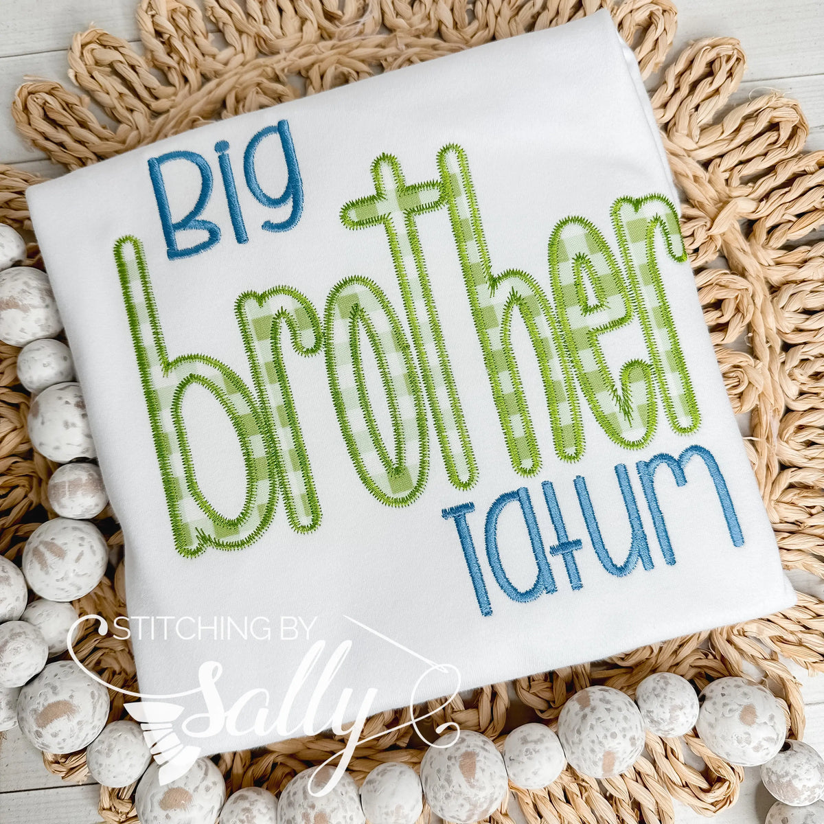 Big Brother Shirt – Green Gingham Appliqué with Blue Embroidery