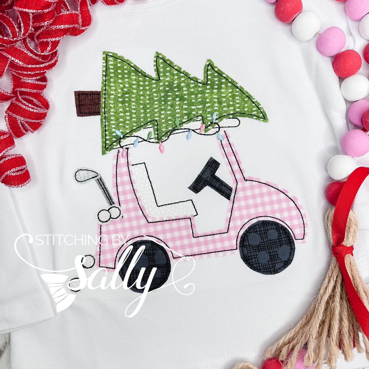 Christmas Golf Cart Appliqué Shirt – Unisex Kids Holiday Tee with Custom Gingham