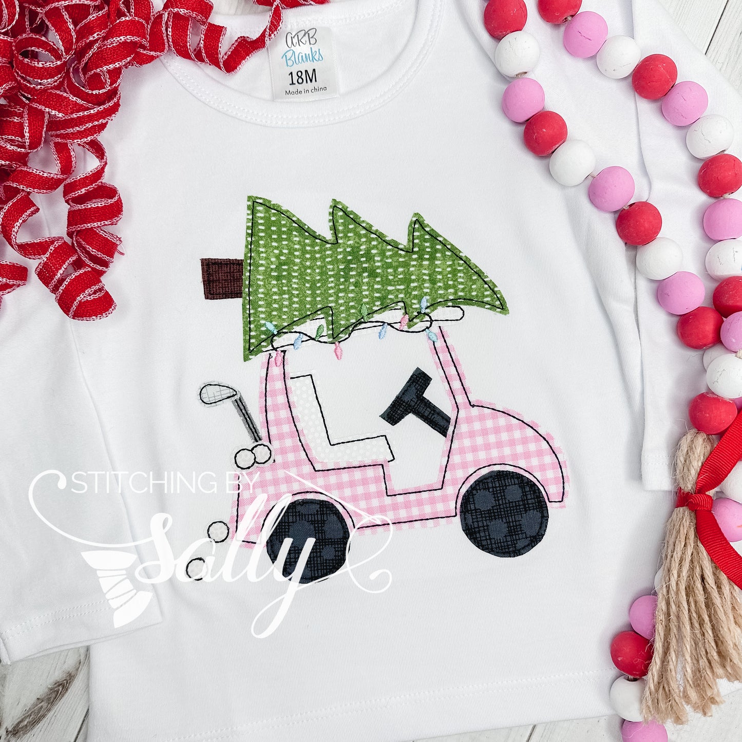 Christmas Golf Cart Appliqué Shirt – Unisex Kids Holiday Tee with Custom Gingham