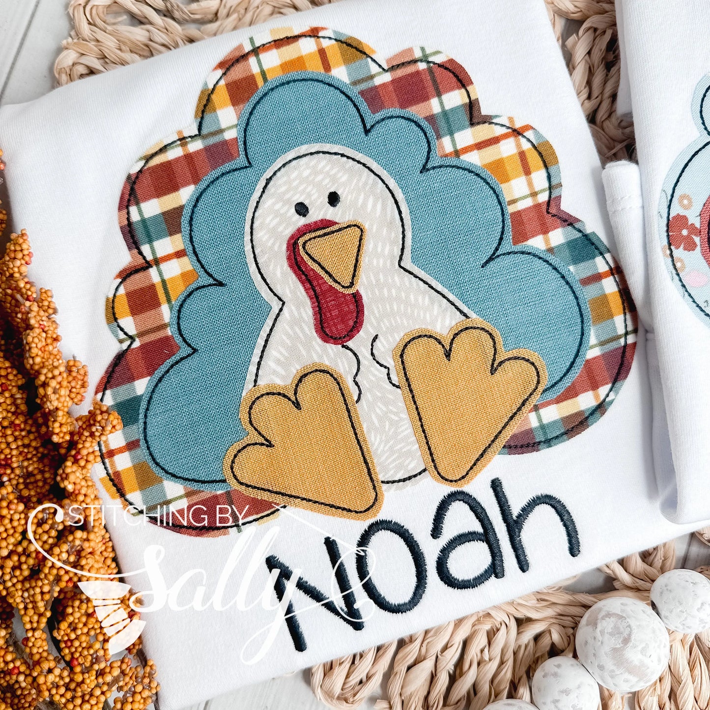 Baby Blue Turkey Shirt – Fall Plaid Appliqué in Orange & Blue