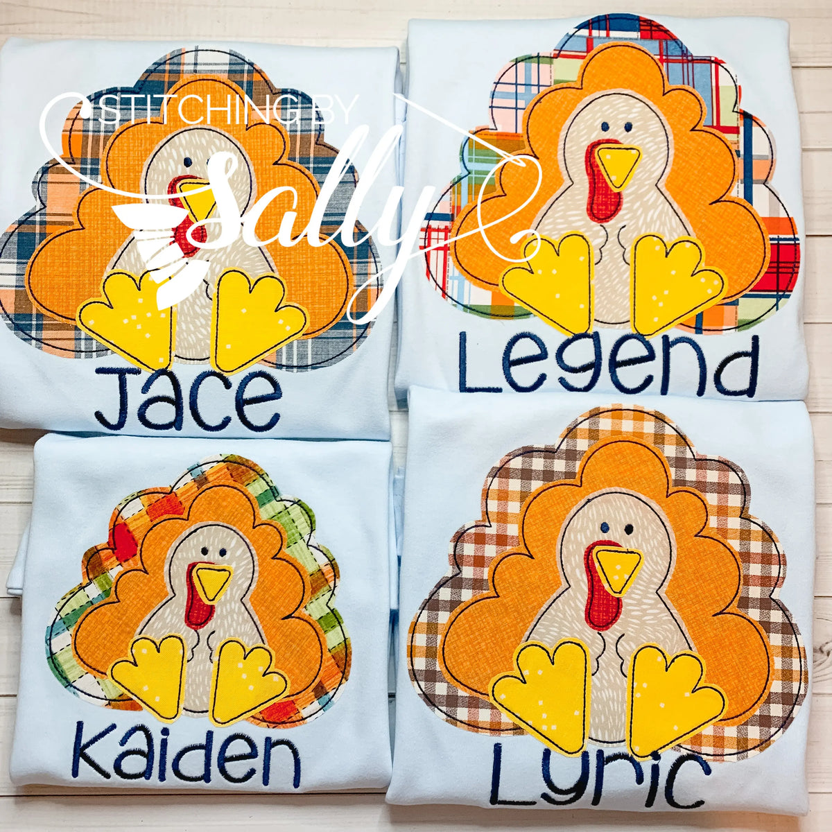 Baby Blue Turkey Shirt – Fall Plaid Appliqué in Orange & Blue