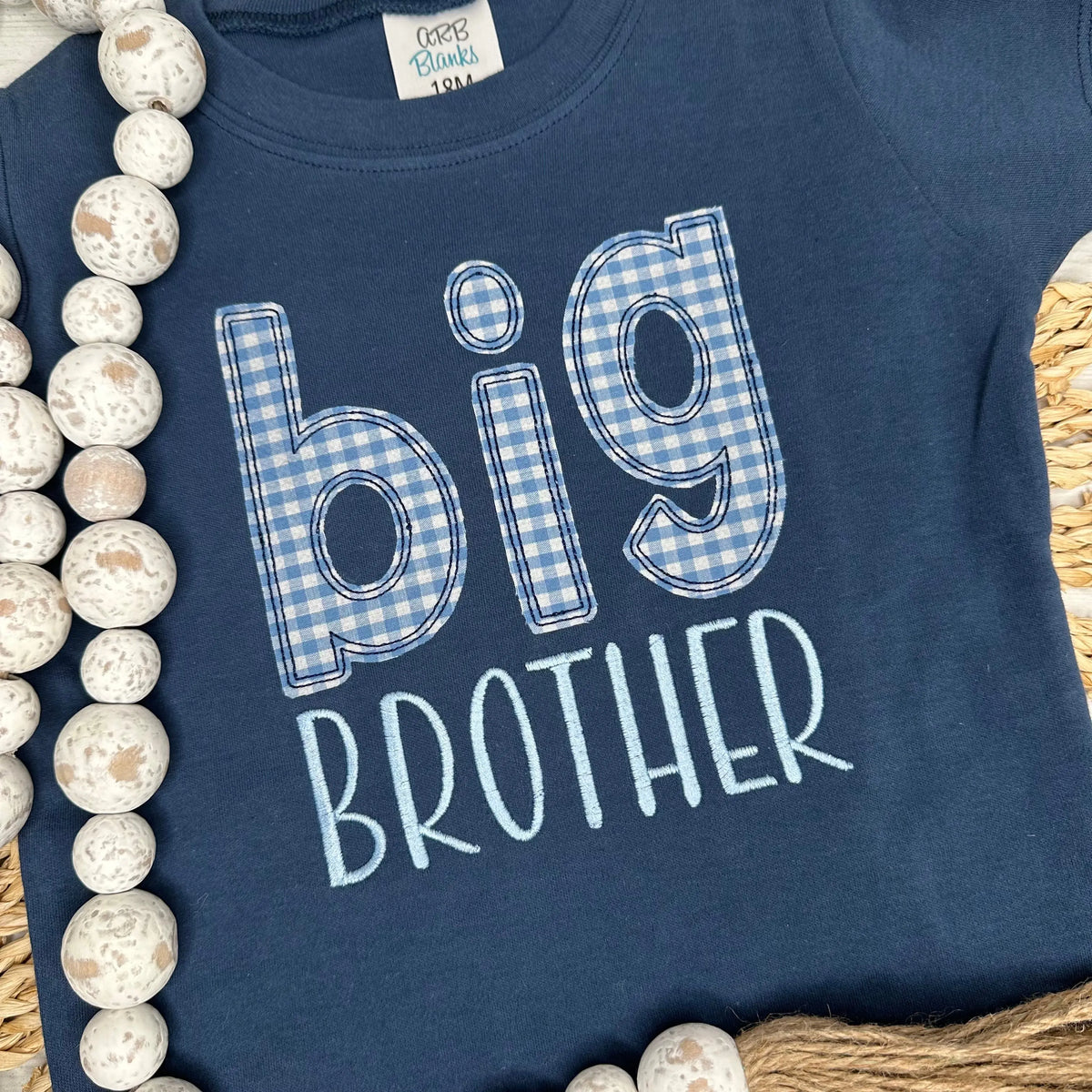Big Brother Appliqué Shirt – Navy with Blue Gingham