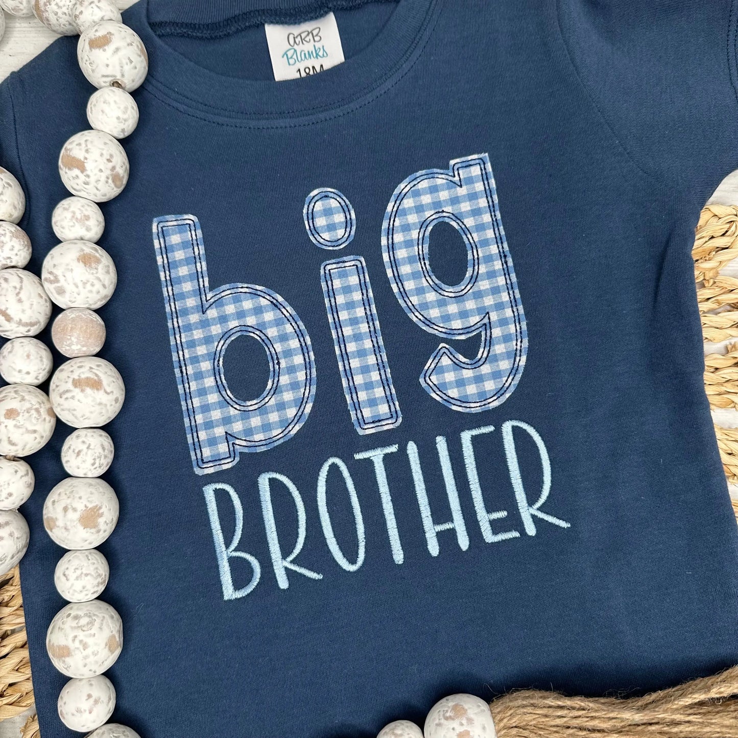 Big Brother Appliqué Shirt – Navy with Blue Gingham