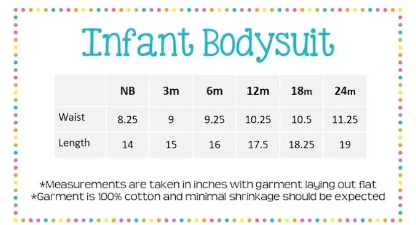 Infant bodysuit size chart