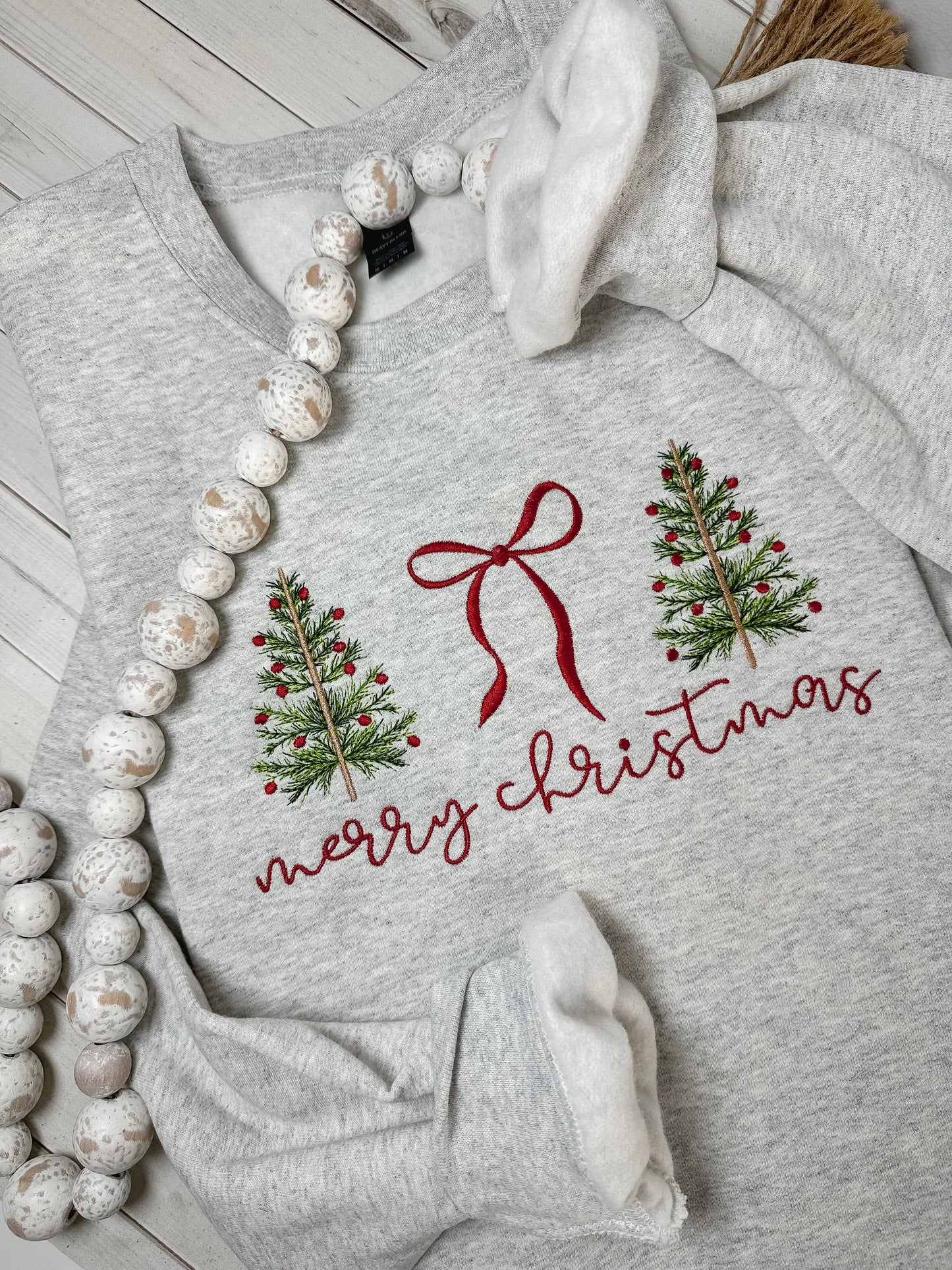 Merry Christmas Embroidered Sweatshirt – Coquette Christmas Tree Bow Sweatshirt