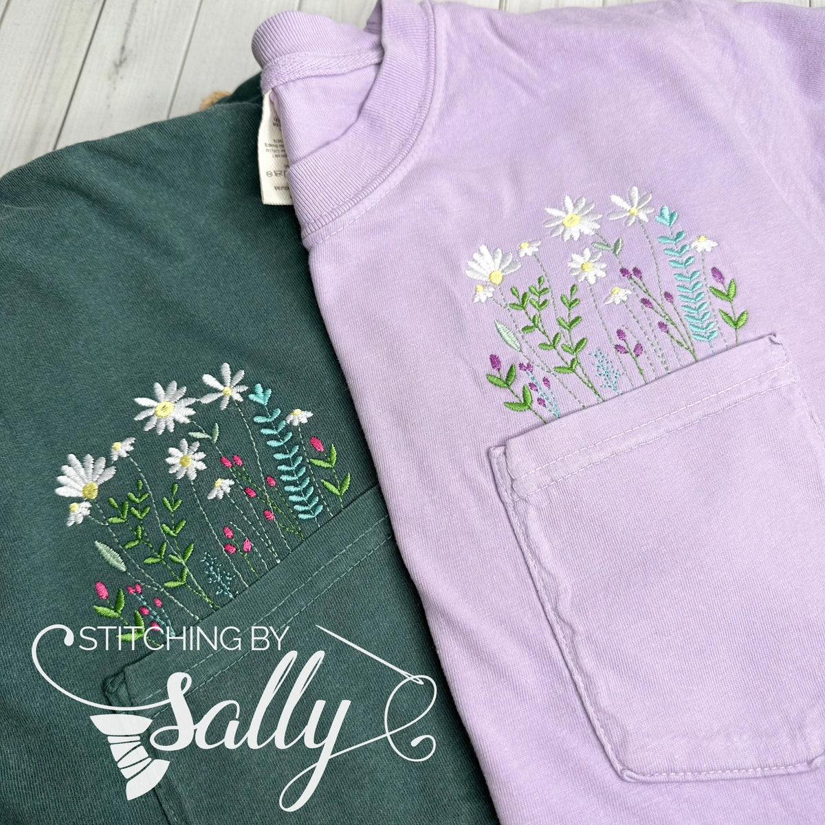 Wildflower embroidery above the pocket of a shirt