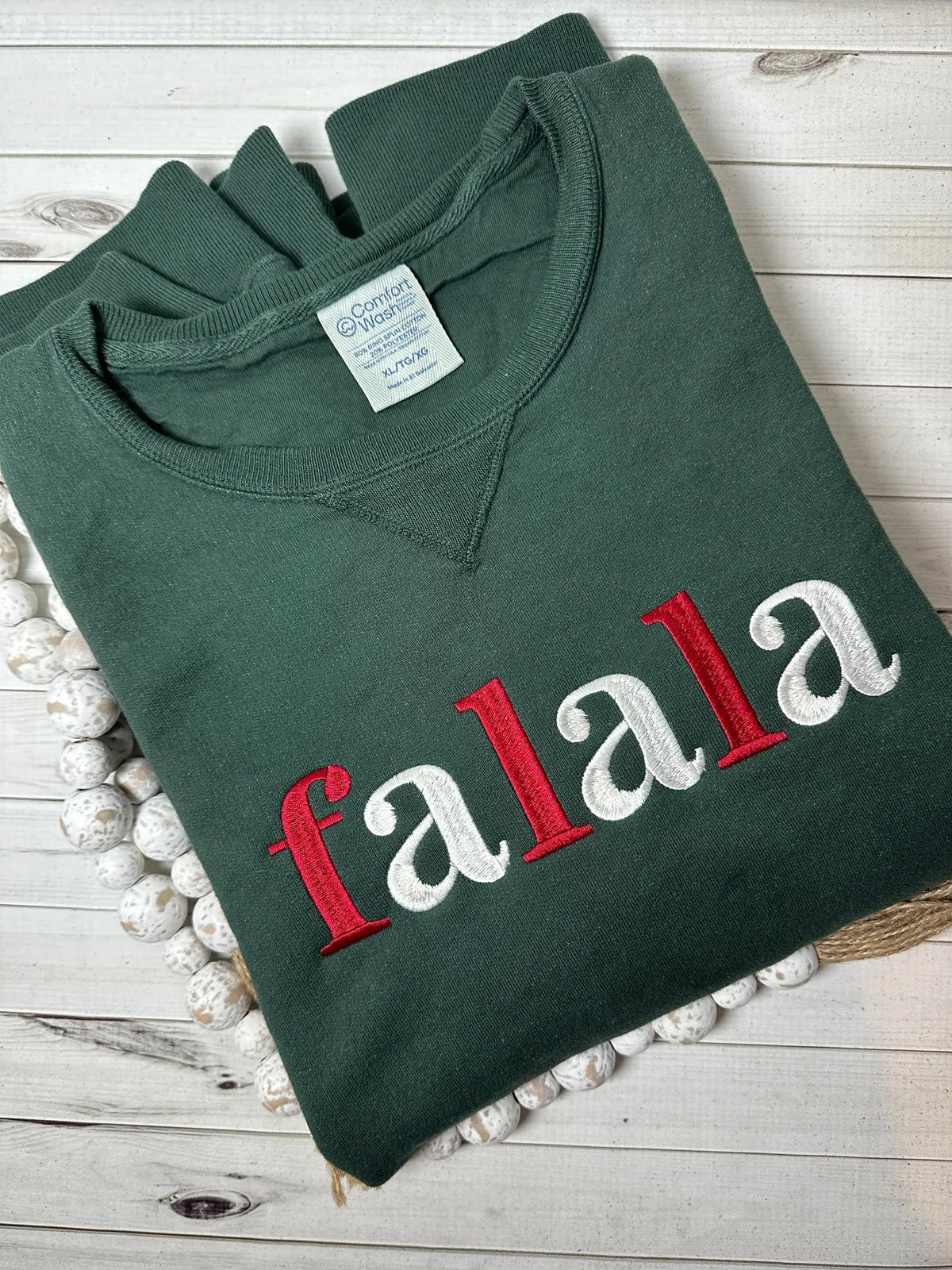 Fa La La embroidered dark green Comfort Wash sweatshirt
