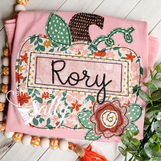 Girls Pumpkin with Flower Appliqué Shirt – Personalized Fall Tee