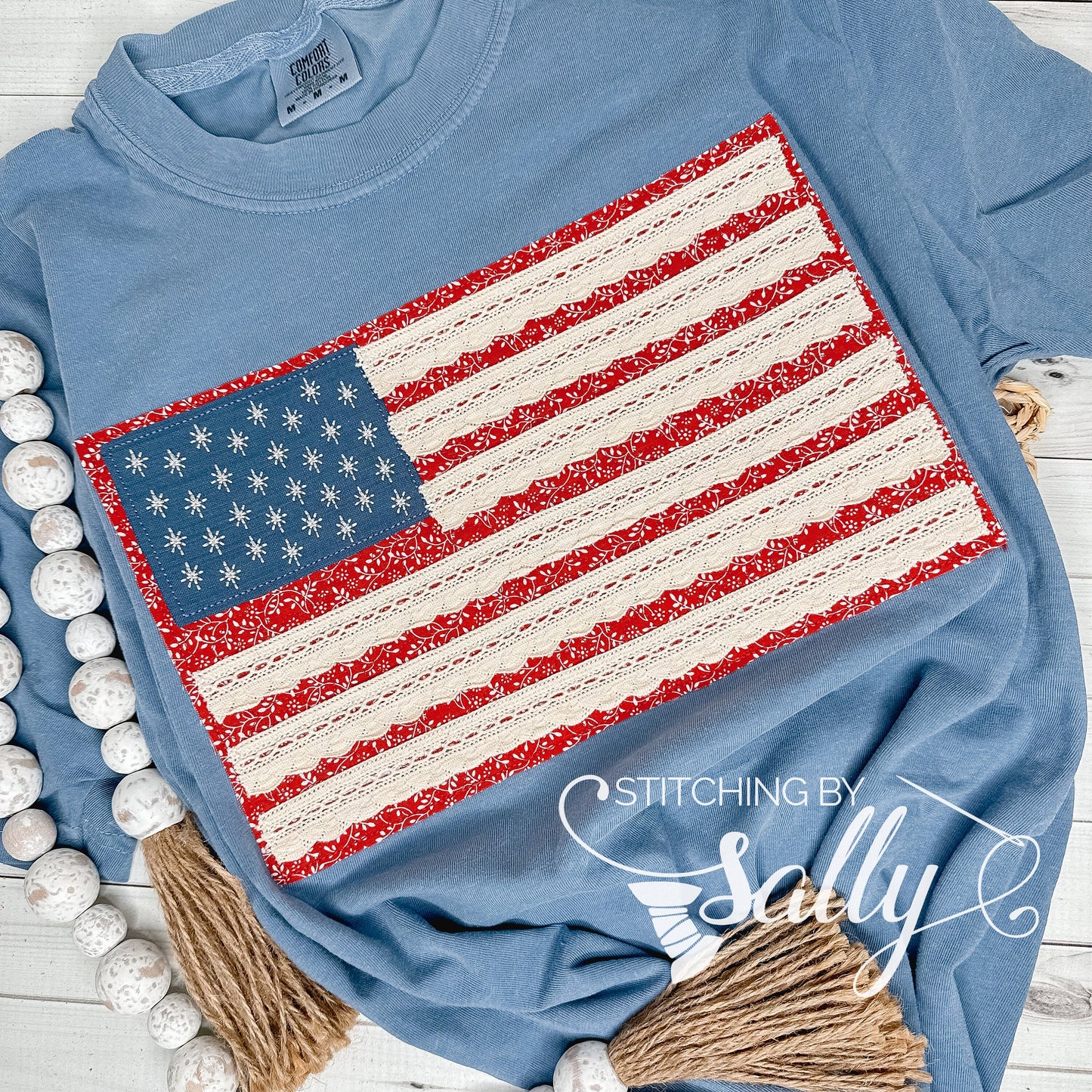 Vintage Quilted Flag Appliqué Shirt – Red Floral Vine & Lace Stripes | Comfort Colors