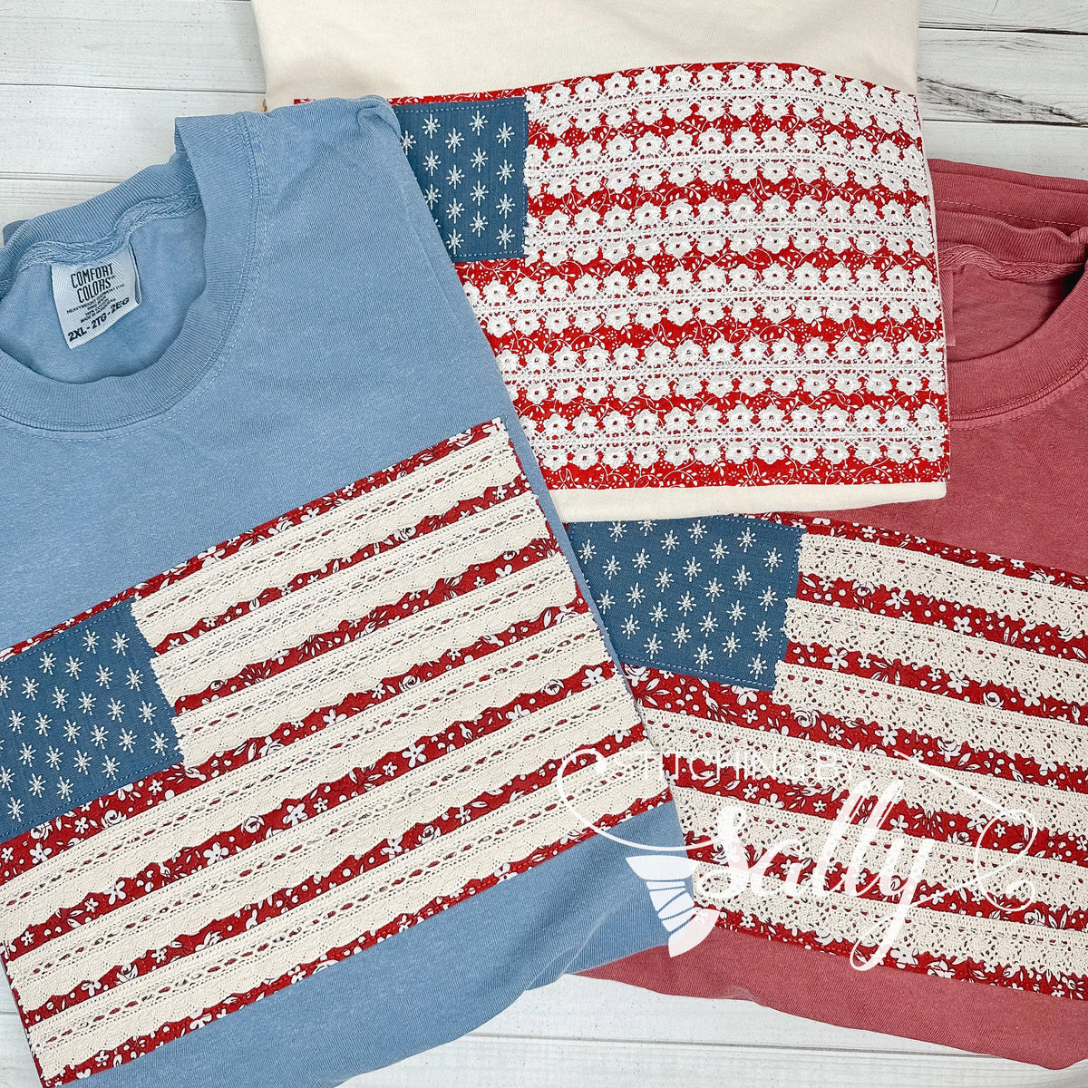 Vintage Quilted Flag Appliqué Shirt – Red Floral Vine & Lace Stripes | Comfort Colors