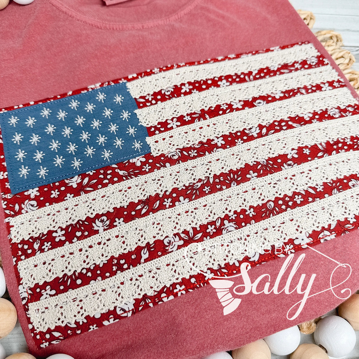 Vintage Quilted Flag Appliqué Shirt – Red Floral Vine & Lace Stripes | Comfort Colors