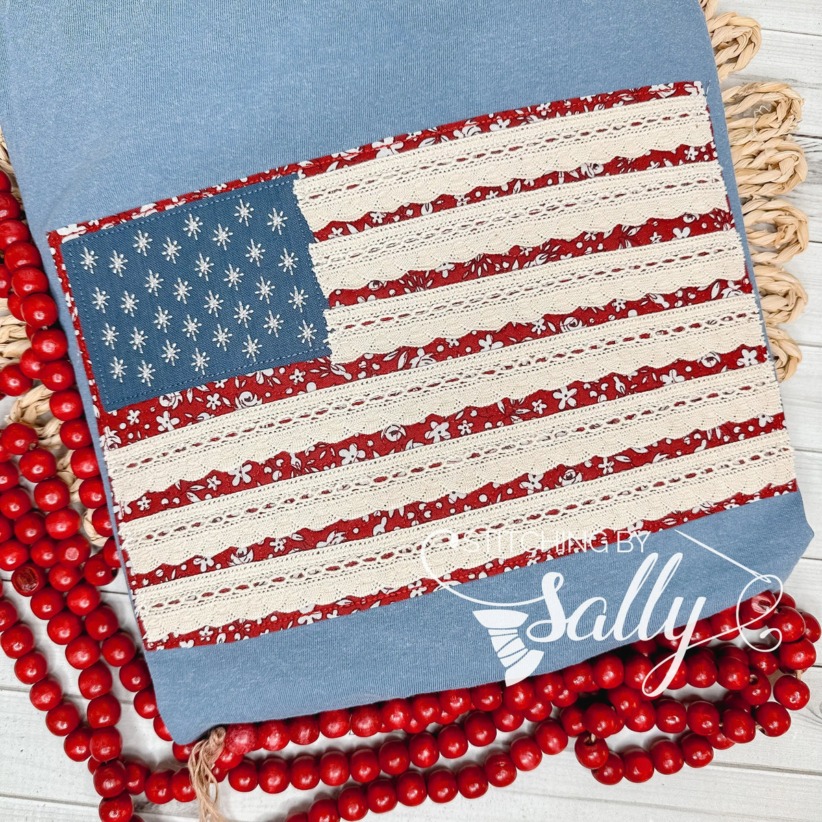 Vintage Quilted Flag Appliqué Shirt – Red Floral Vine & Lace Stripes | Comfort Colors