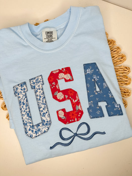 USA Appliqué Shirt with Bow Embroidery – Red, White & Blue Floral