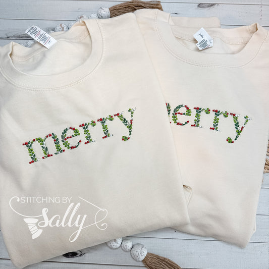 Floral Merry Embroidered Crewneck | Christmas Sweatshirt