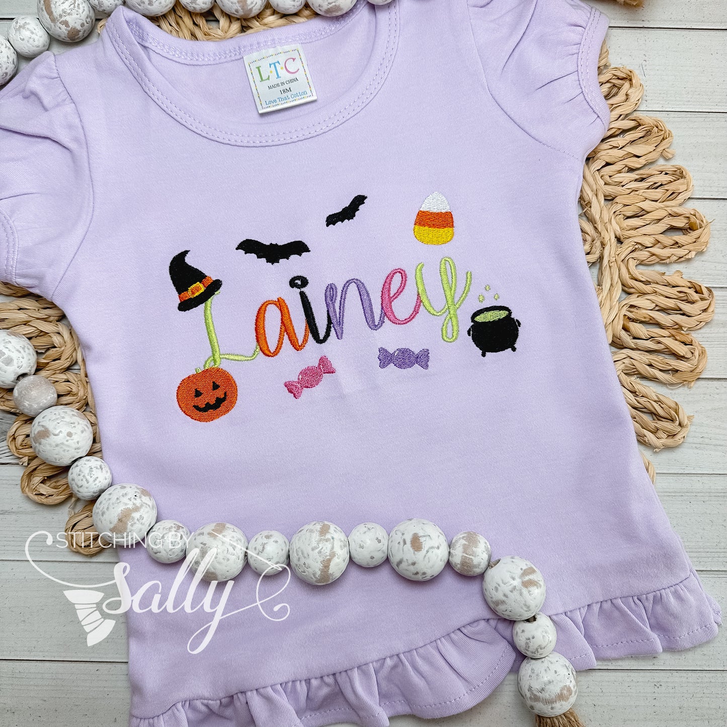 Personalized Halloween Shirt – Lilac Tee with Name & Spooky Icons