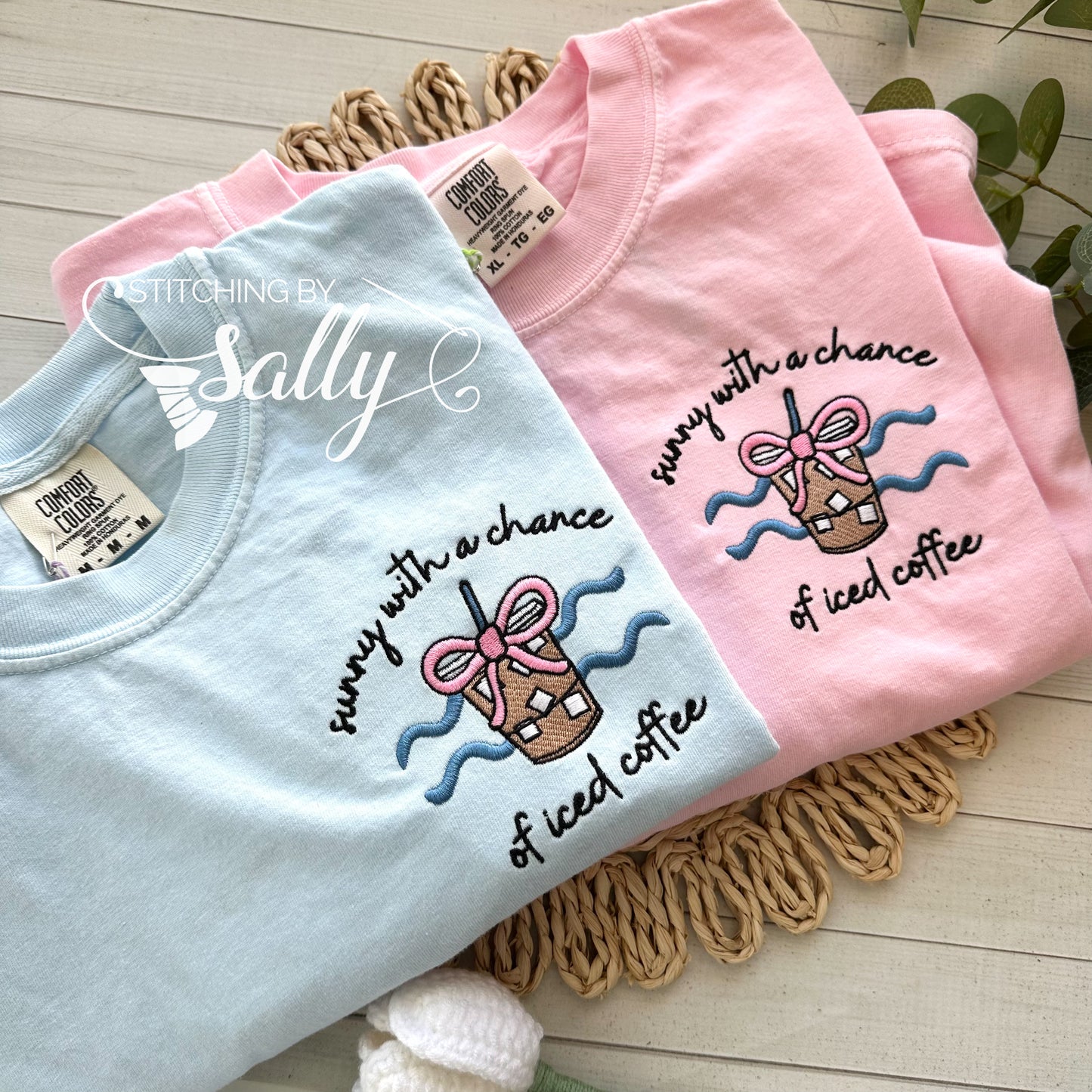 Sunny with a Chance of Iced Coffee Embroidered Shirt – Comfort Colors Tee