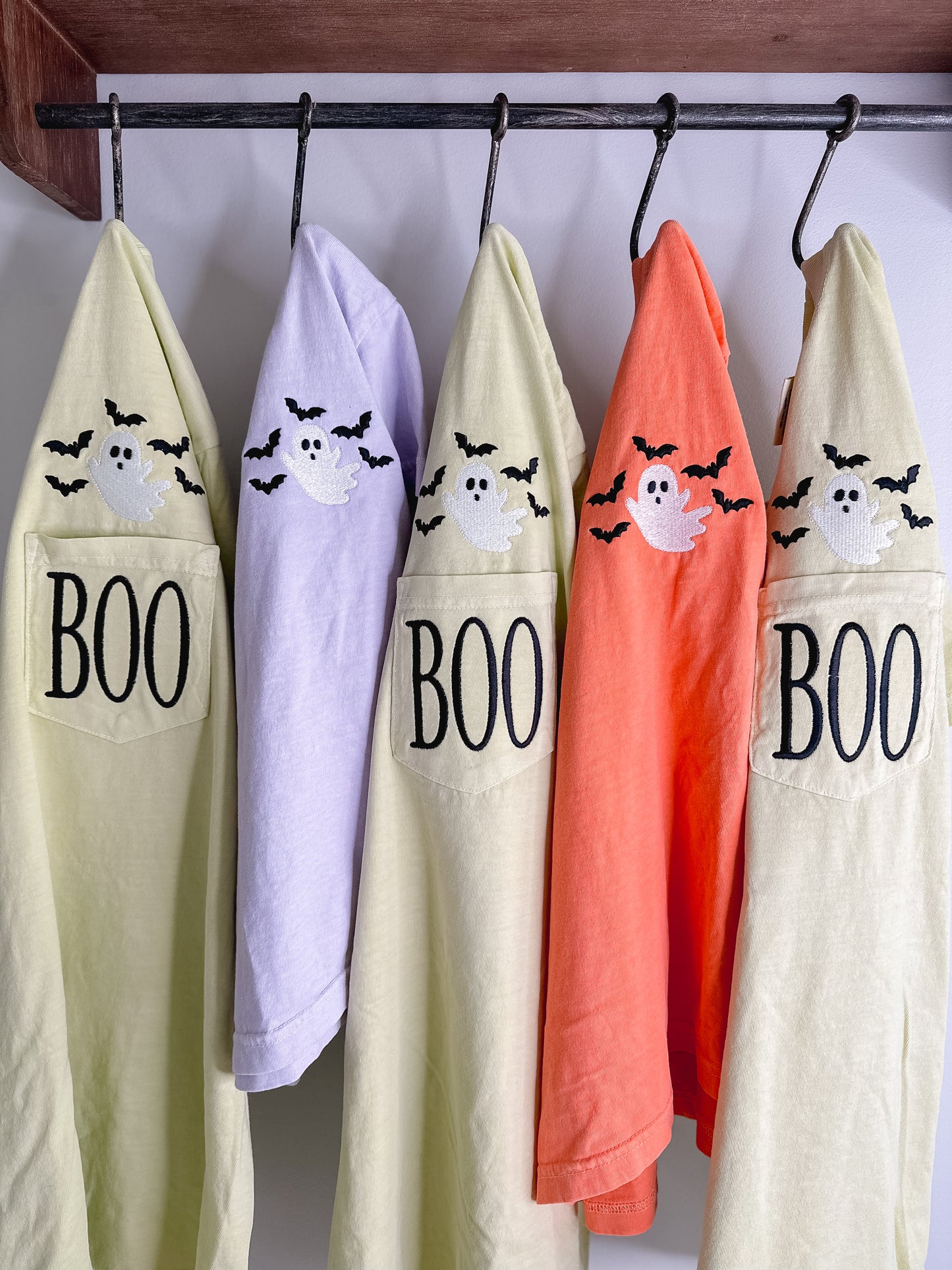 BOO Embroidered Pocket Tee – Embroidered Ghost with Bats