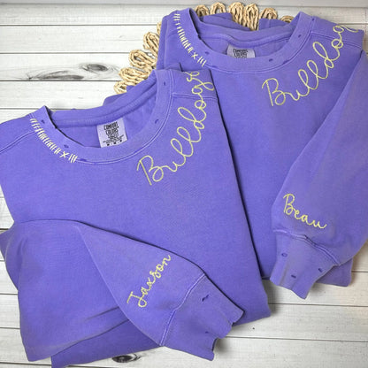 Custom Embroidered Team Mascot Sweatshirt – Hand-Distressed Comfort Colors Sweatshirt 