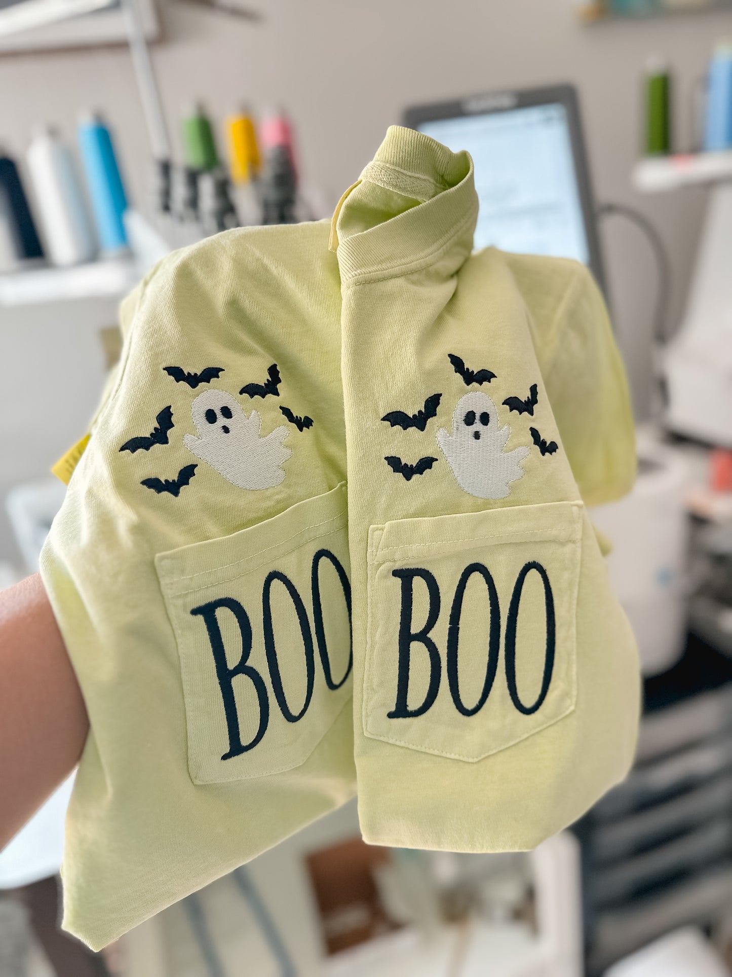 BOO Embroidered Pocket Tee – Embroidered Ghost with Bats