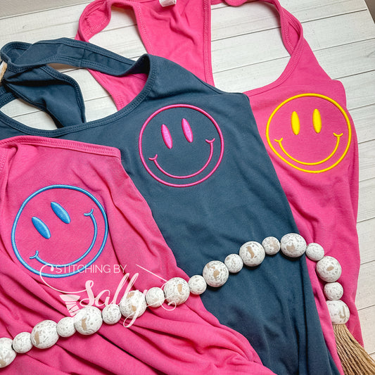 Embroidered Puff Smile Face Tank – Happy Face Embroidery Tank Top