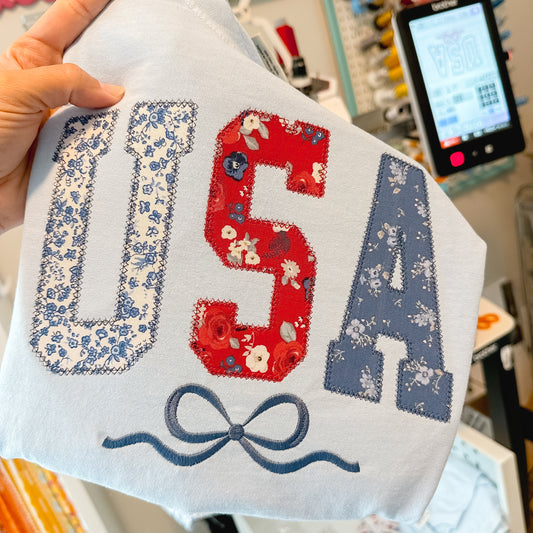 USA Bow Appliqué Shirt – Light Blue Comfort Colors – Red White & Blue Floral – Grandmillennial Style