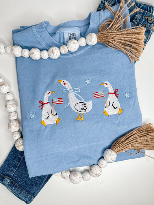 Patriotic Geese Shirt | Embroidered Comfort Colors Fourth of July Tee