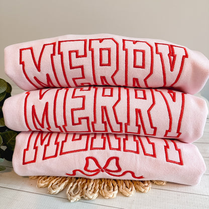 Merry Embroidered Varsity Crewneck Sweatshirt with Bow